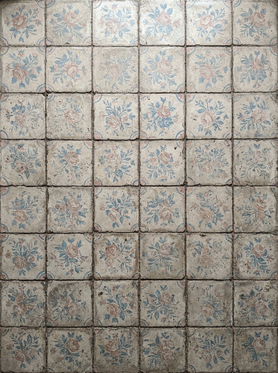 Close-up overhead view of square terracotta floor tiles with worn, repeating rose and leaf patterns.