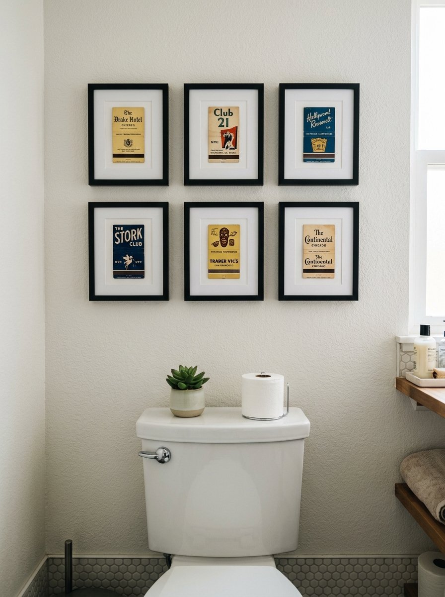 A gallery wall of six black-framed vintage restaurant matchbooks displayed in a bathroom over a toilet and a succulent.