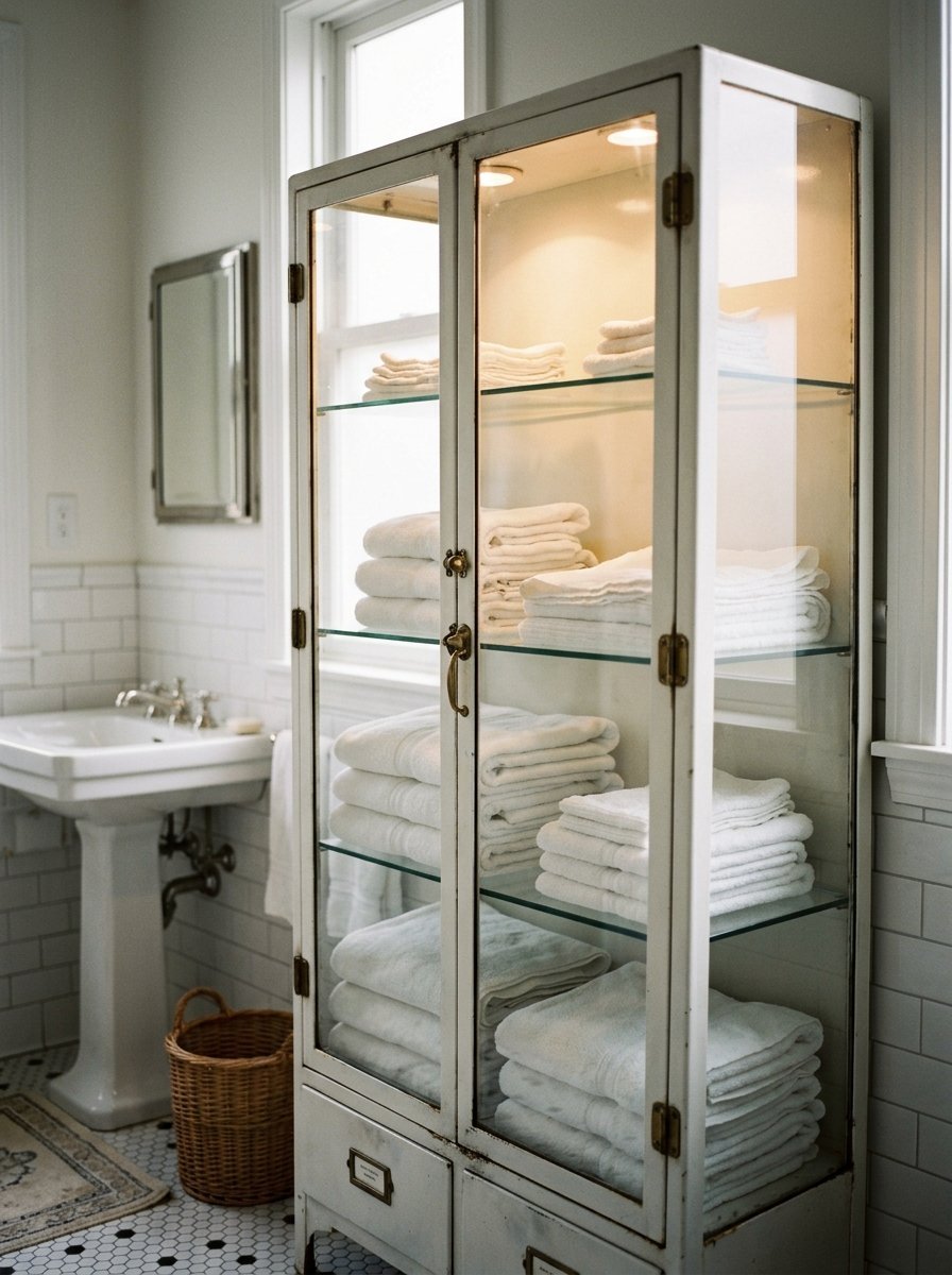 Tall glass-fronted antique metal cabinet holding stacks of white bath towels in a bright subway-tiled bathroom.