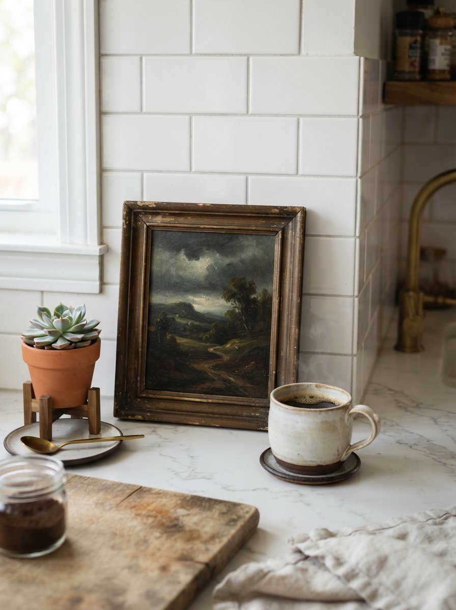 Small antique landscape art in a wood frame sitting on a marble counter next to a steaming mug and succulent.