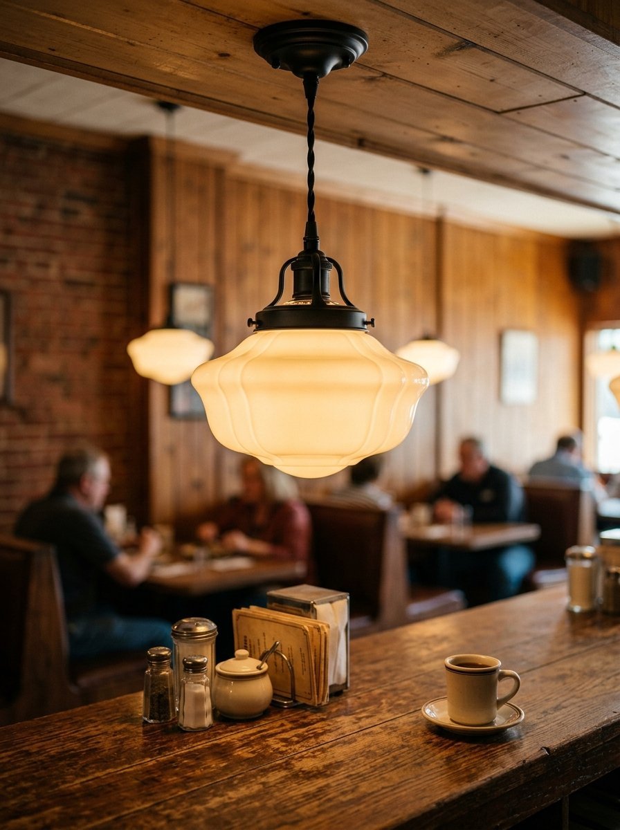 Close up of an ornate milky glass pendant light fixture hanging over a restaurant table with a coffee mug.