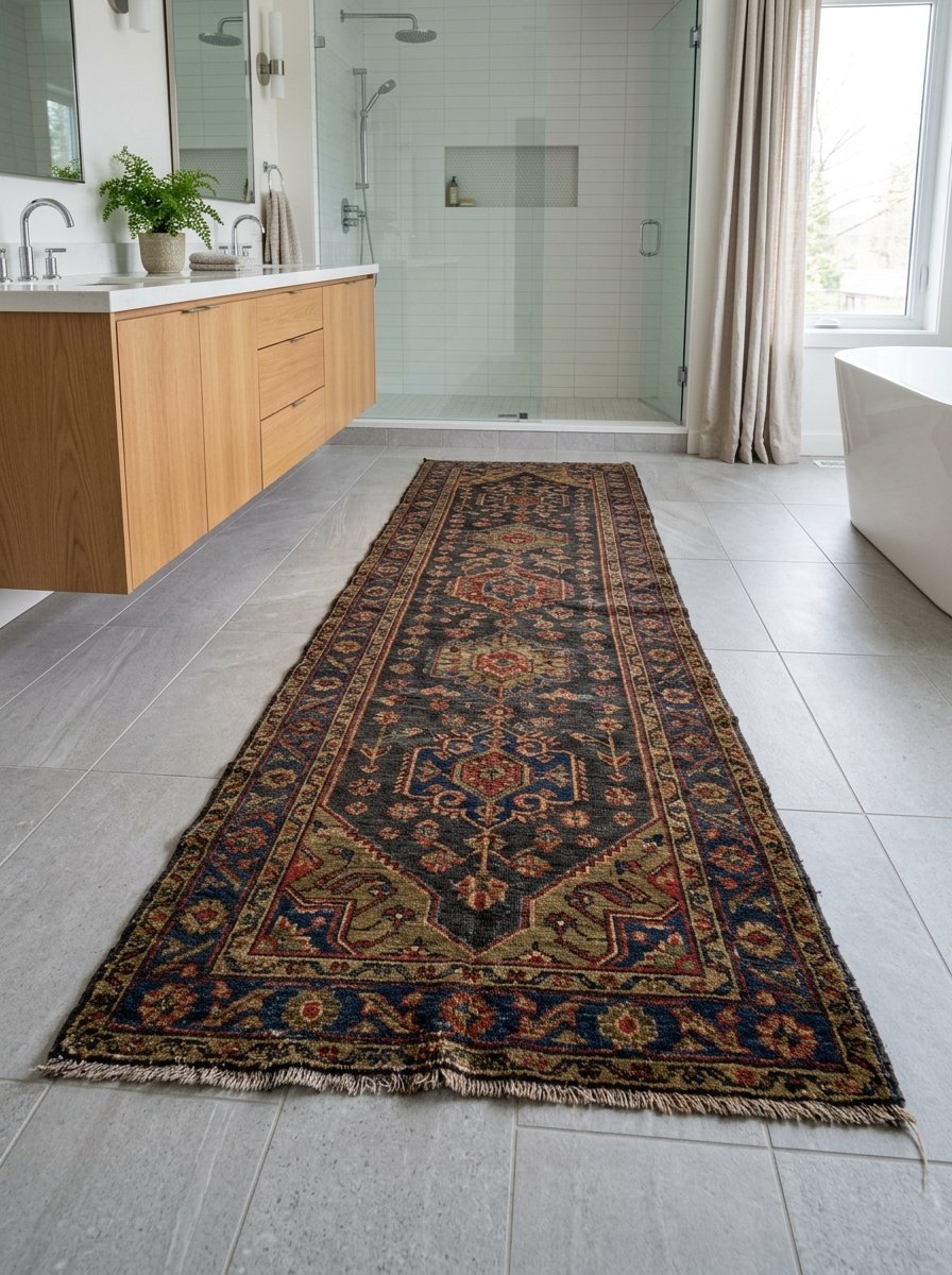 A dark, intricate oriental runner rug sits on the grey tiled floor of a modern wooden vanity bathroom.