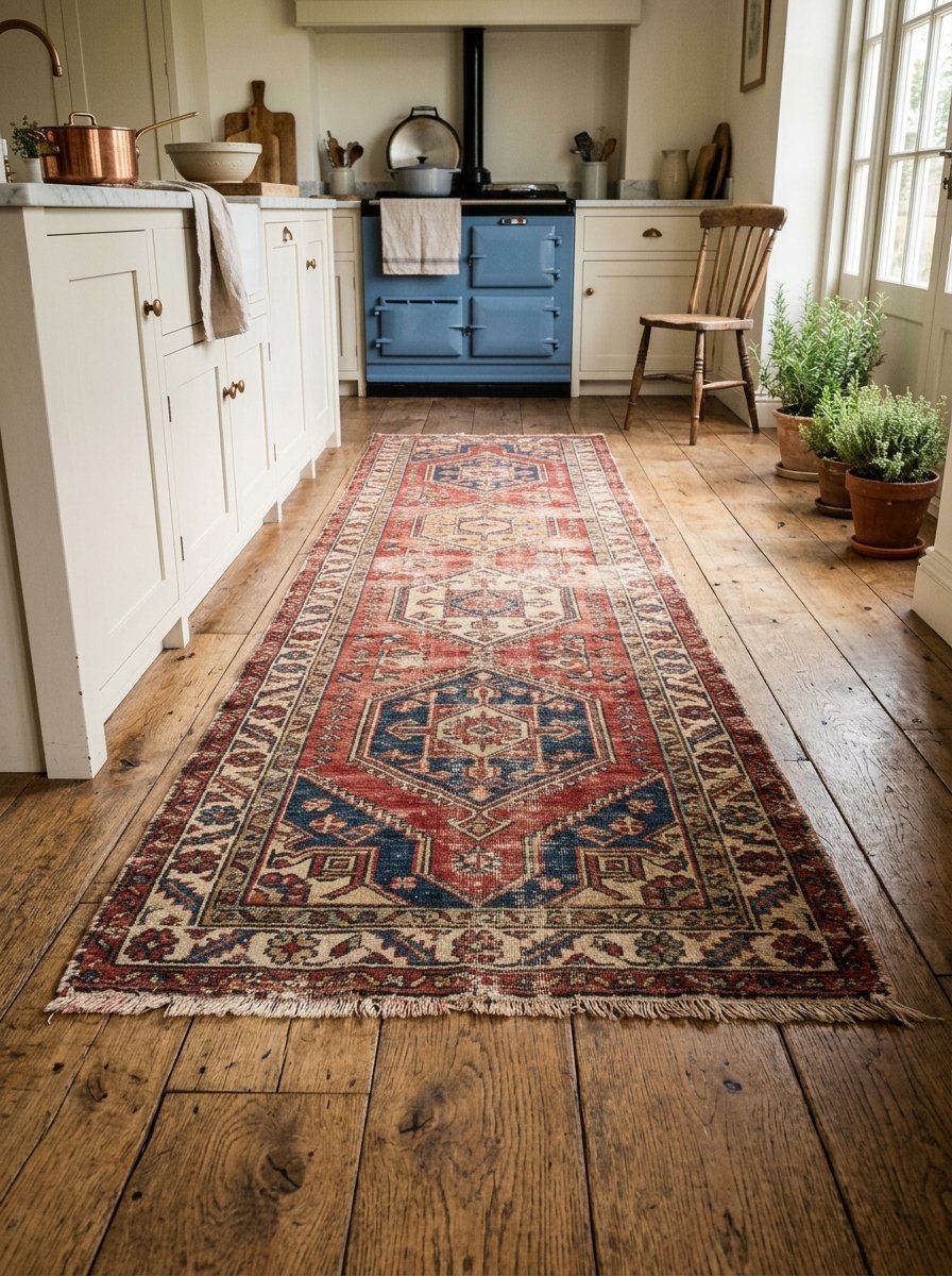 Red and blue patterned oriental runner rug on wide plank wooden flooring in a farmhouse kitchen.