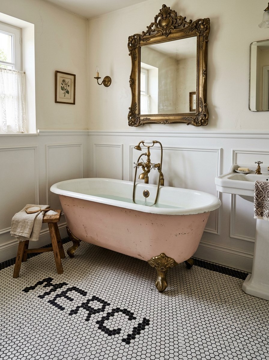 A rustic bathroom with a pink vintage tub on mosaic hexagon tiles that spell out the word Merci.