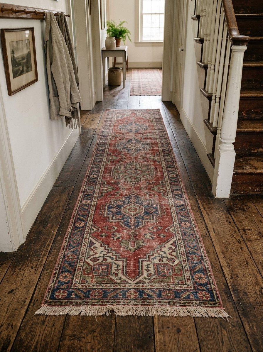 Fringed red and blue Persian-style runner rug centered on dark wood floorboards in a farmhouse corridor.