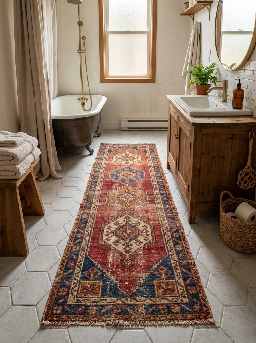 A long, red and blue traditional rug placed on a white hexagonal tile floor in a rustic-style bathroom.