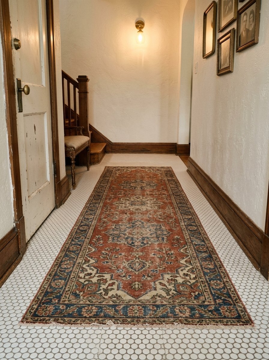 Vintage red and blue patterned rug on white penny tile flooring in a classic hallway.