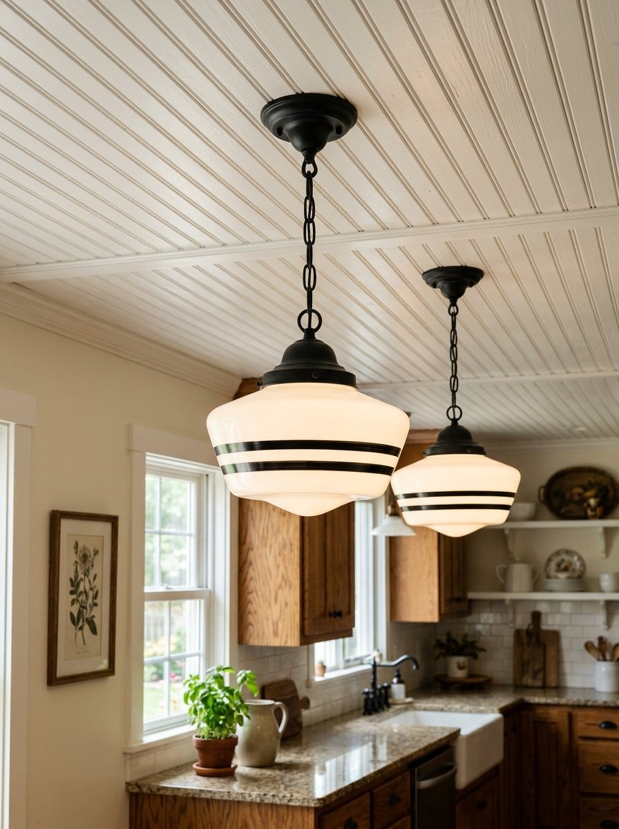 Close-up of dual white glass pendant lights with black stripes suspended from a white wood paneled ceiling.