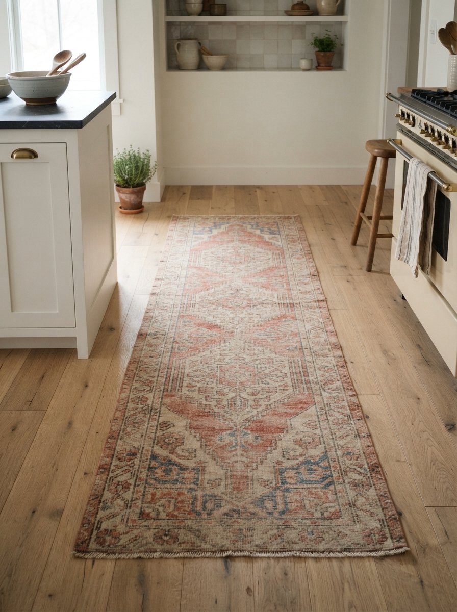 Long rectangular runner rug with faded red and blue patterns on light hardwood floor between kitchen cabinets.
