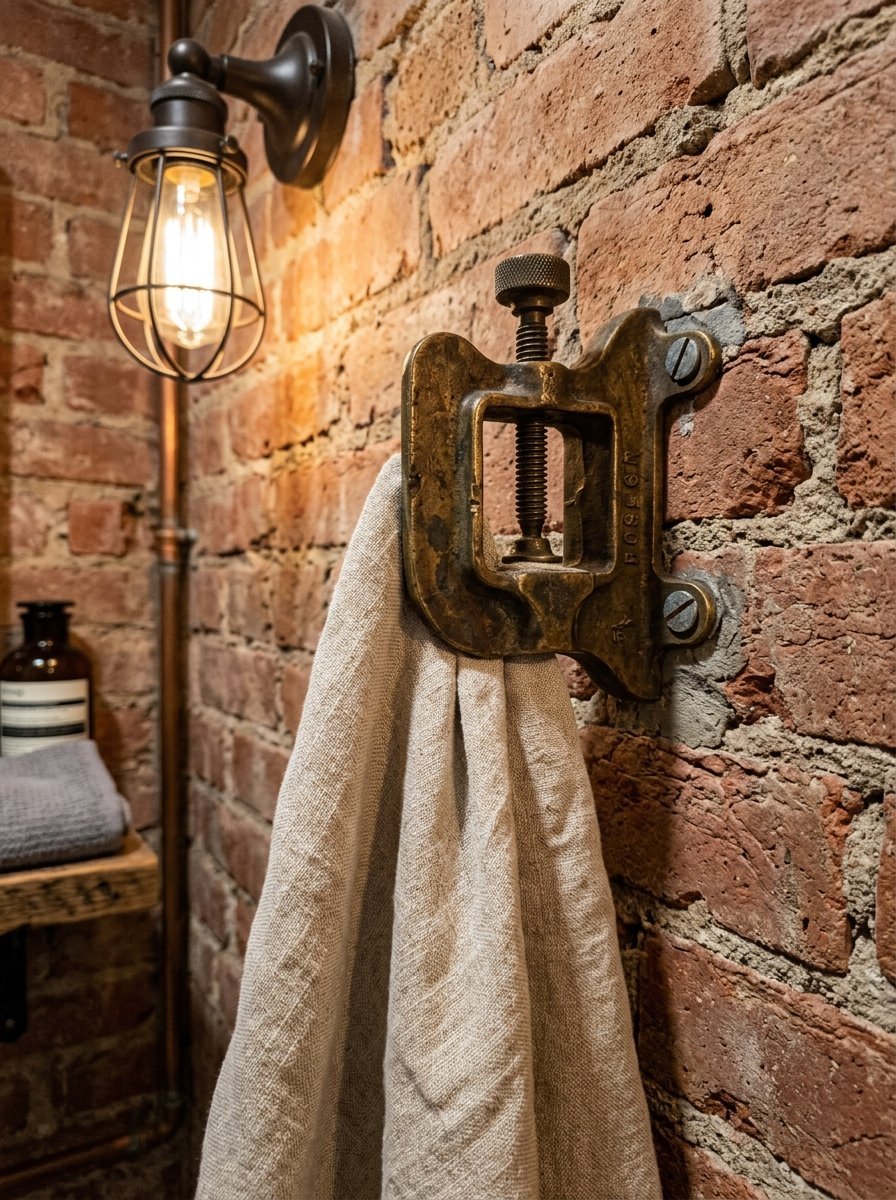 Antique brass tool clamp mounted on exposed brick wall holding a beige linen towel.