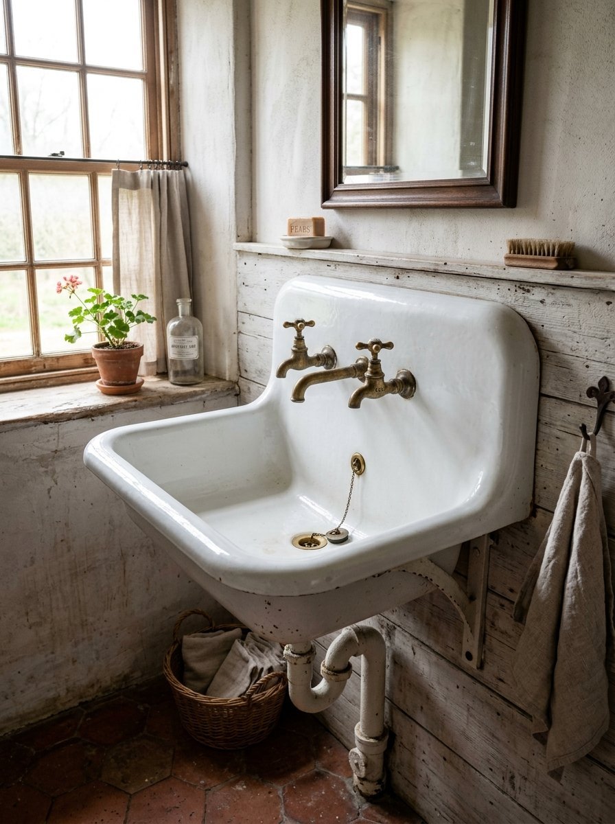 Antique white wall-mounted basin featuring brass fixtures, a potted plant, and a linen towel in a country home.
