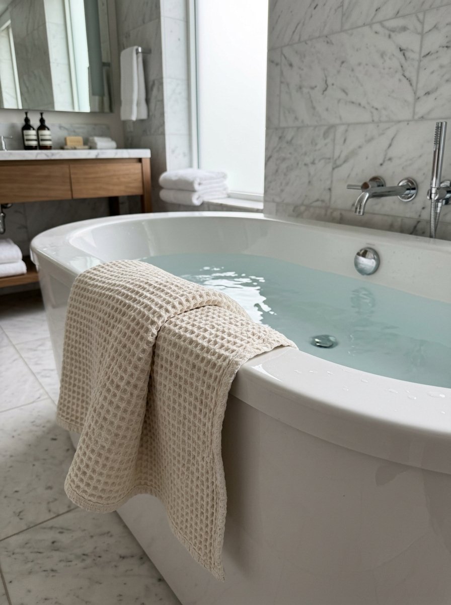 Tan textured towel hanging over the edge of a white marble bathtub filled with water.