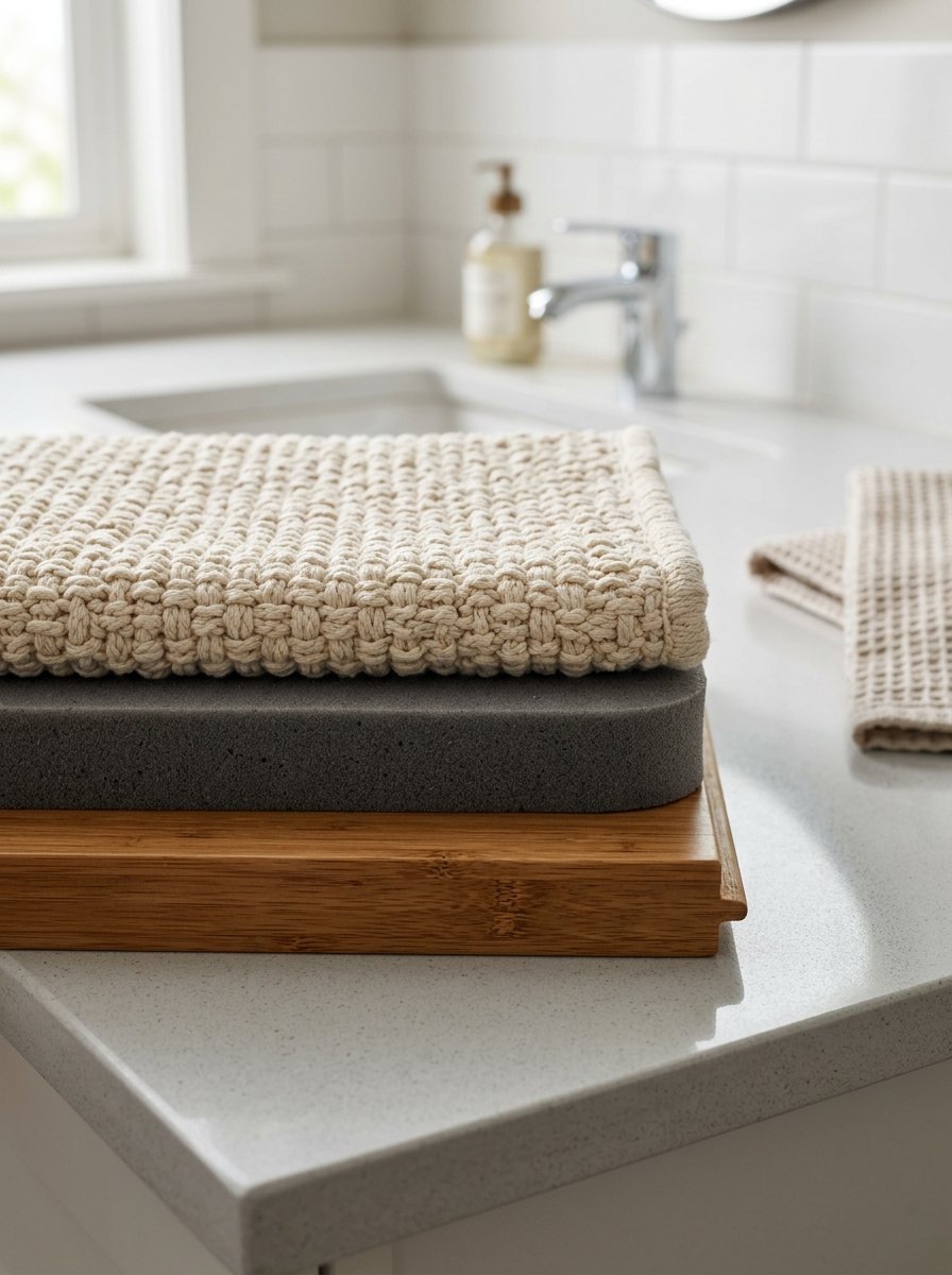 Close-up of a woven cream fabric mat resting on a dark foam block and wooden board on a bathroom counter.