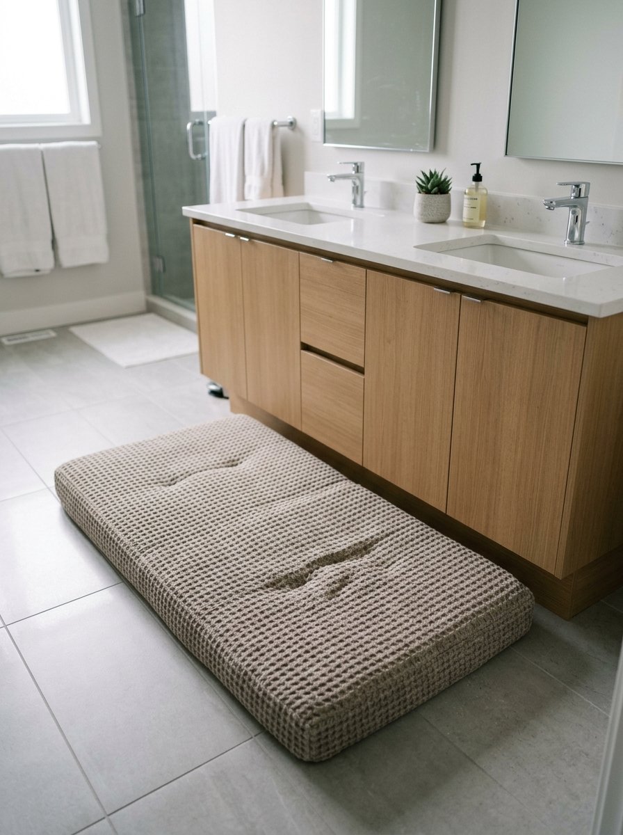 Plush beige rectangular mat with waffle pattern sitting on grey tiled floor in a modern bathroom.