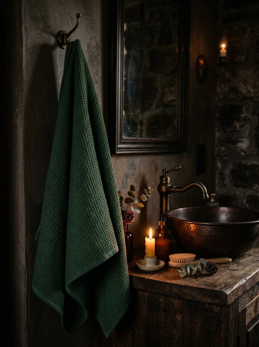 Dark green textured towel hanging on a wall hook next to a copper basin and lit candle.