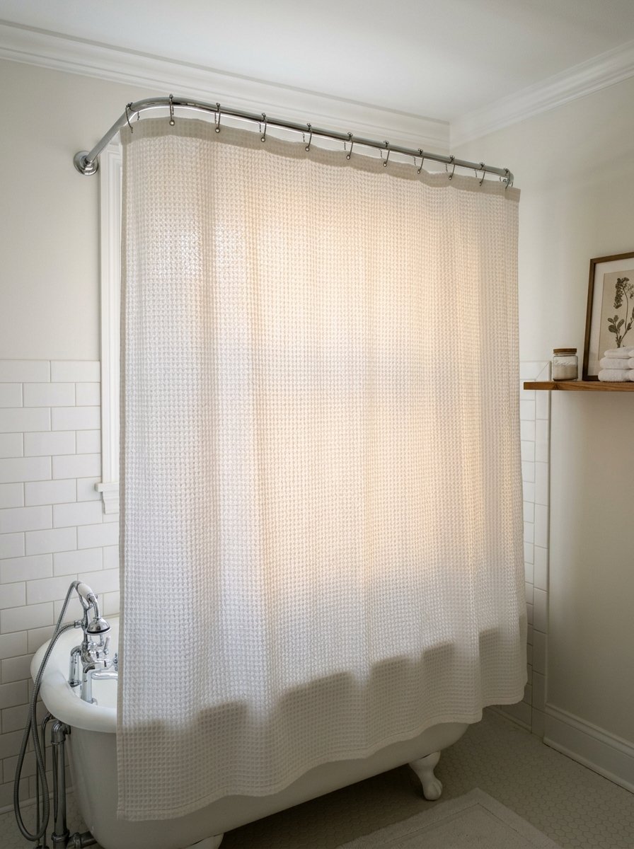 A textured beige waffle-pattern fabric shower curtain draped around a white clawfoot bathtub.