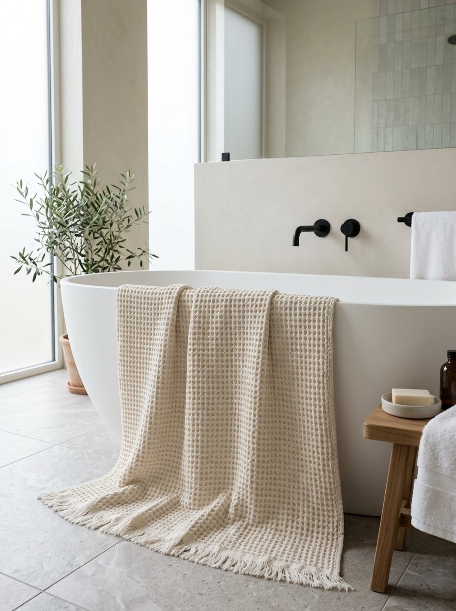 Cream colored waffle weave towel with fringed edges hanging on a minimalist bathtub in a serene bathroom.