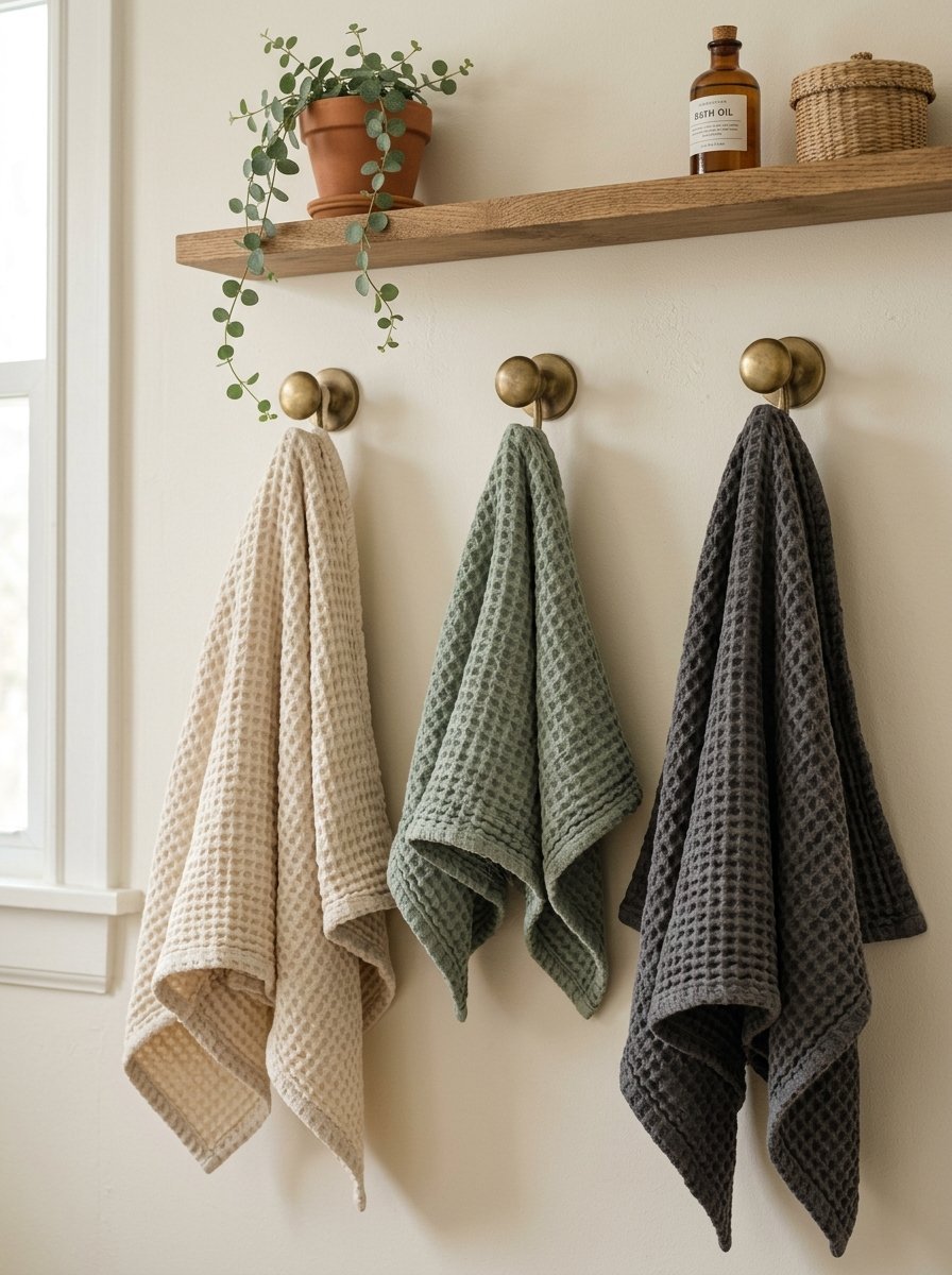 Neutral, sage, and charcoal waffle towels hanging from gold wall hooks below a wood shelf.