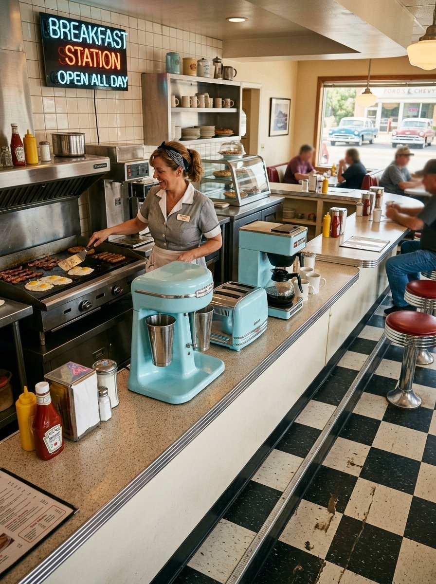 A smiling waitress cooking eggs and bacon on a flat top grill in an American diner with a checkerboard floor.
