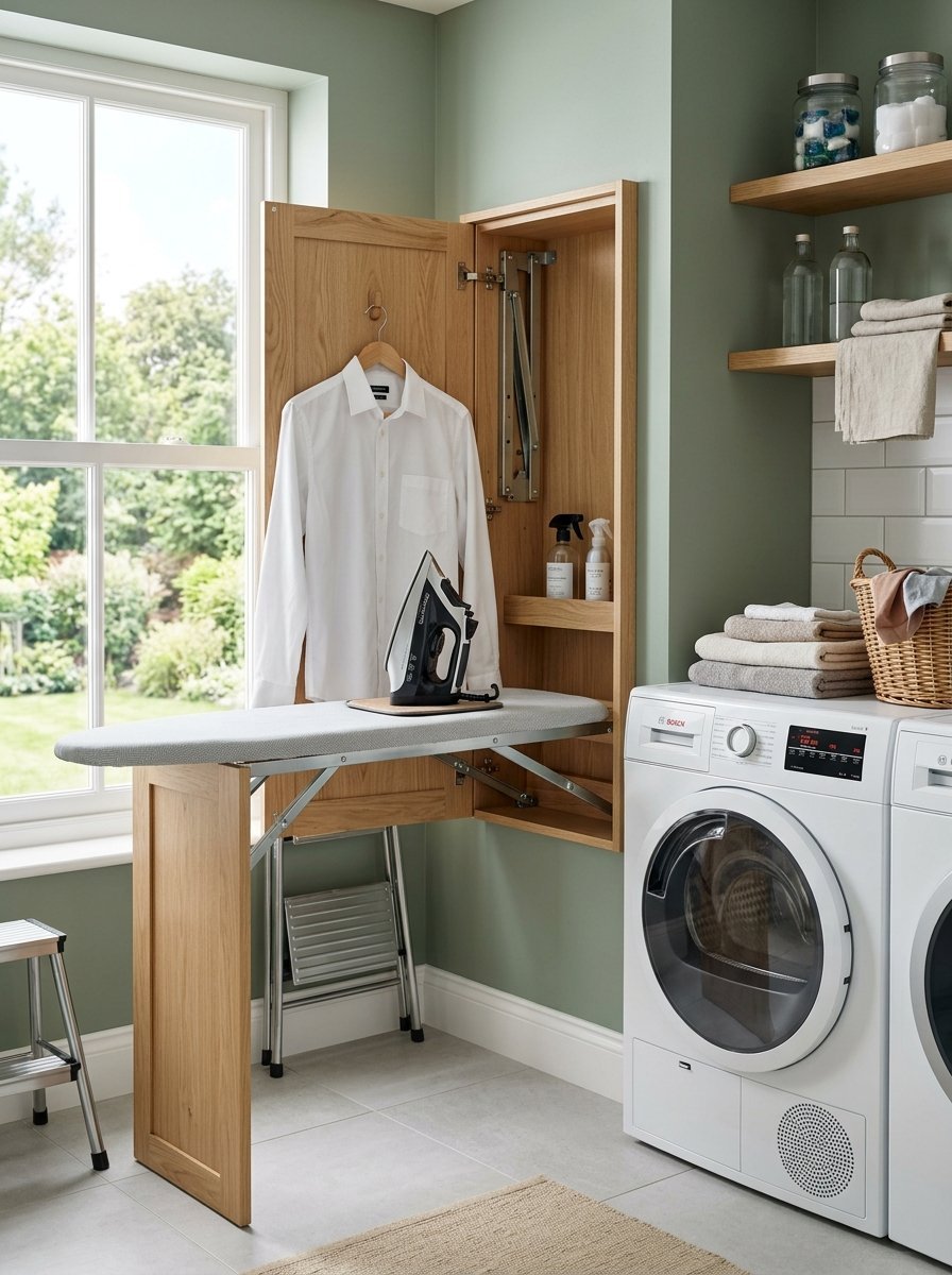 A fold-out wooden ironing board attached to a wall cabinet beside a white Bosch washing machine.