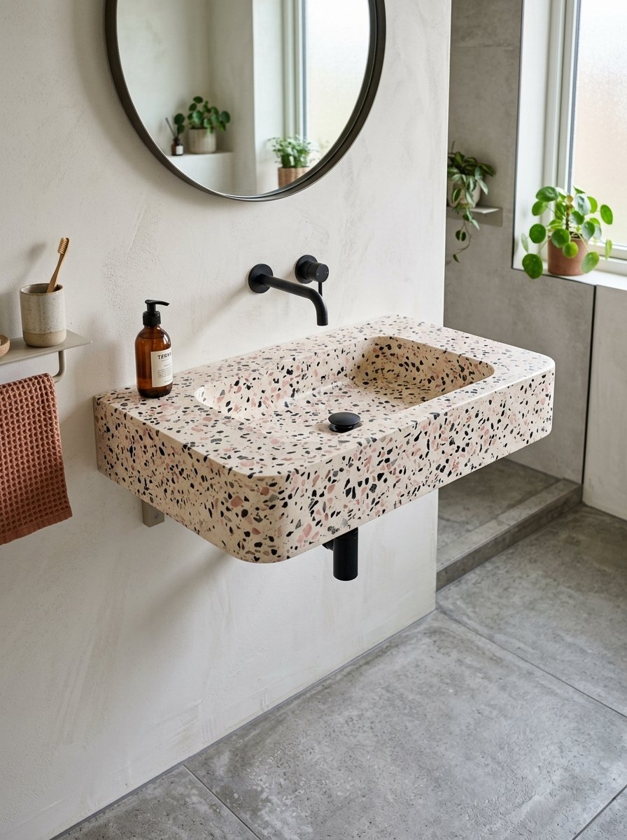 A beige terrazzo floating bathroom sink featuring a sleek black wall-mounted faucet and circular vanity mirror.