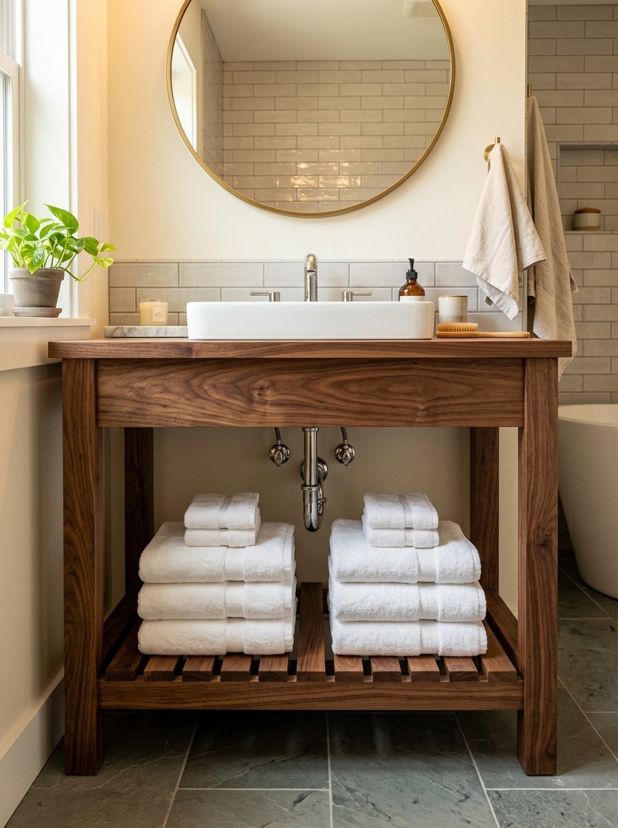 A rustic walnut wood bathroom vanity featuring open shelving with neatly folded white bath towels underneath.
