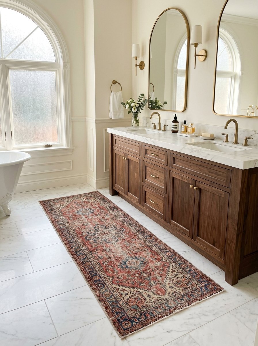 A long red and blue vintage-style runner rug centered on a white marble floor in front of a wooden double vanity.