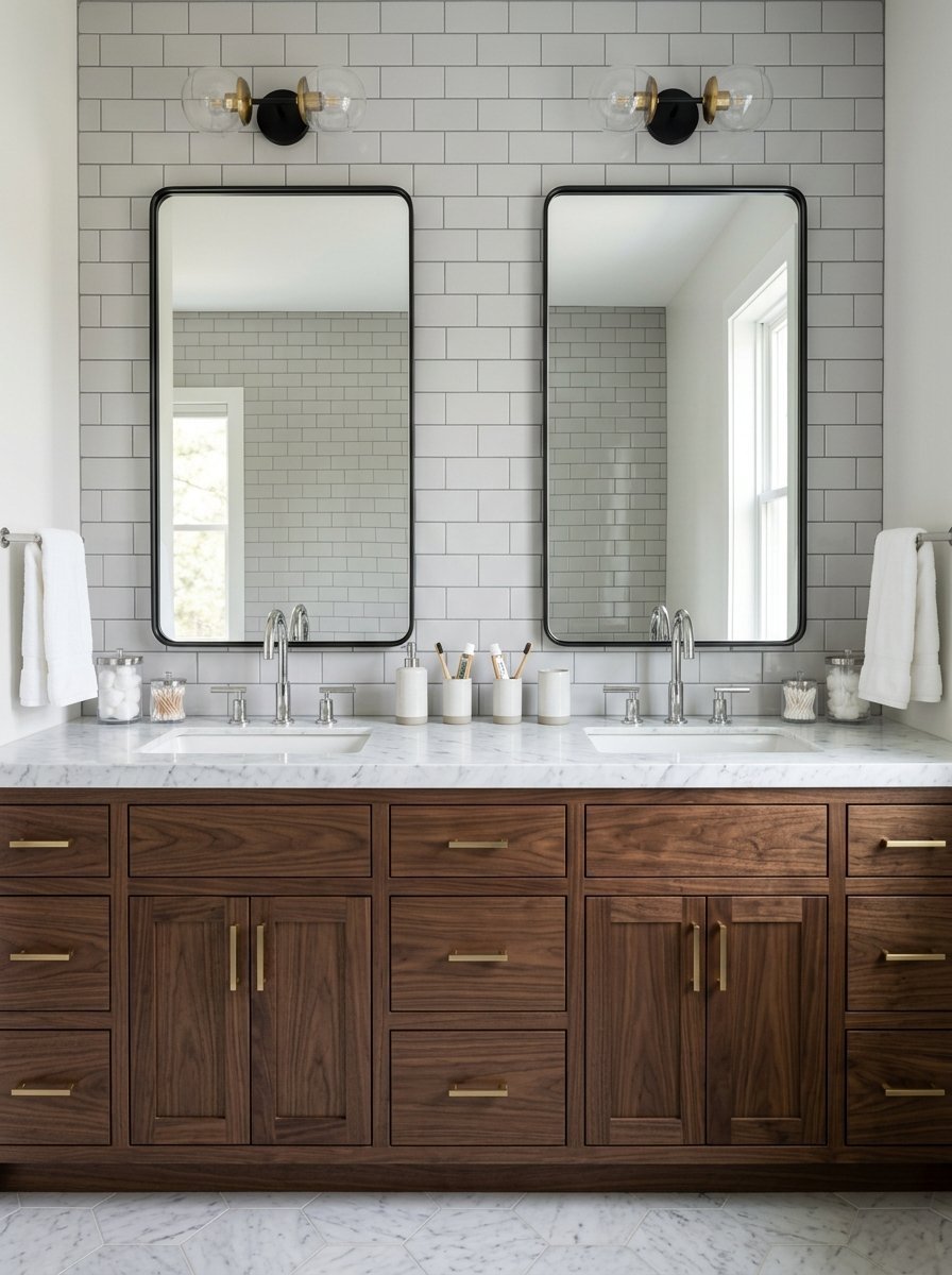 A bathroom vanity with dark wood cabinets, marble countertop, and two framed mirrors on a grey tiled wall.