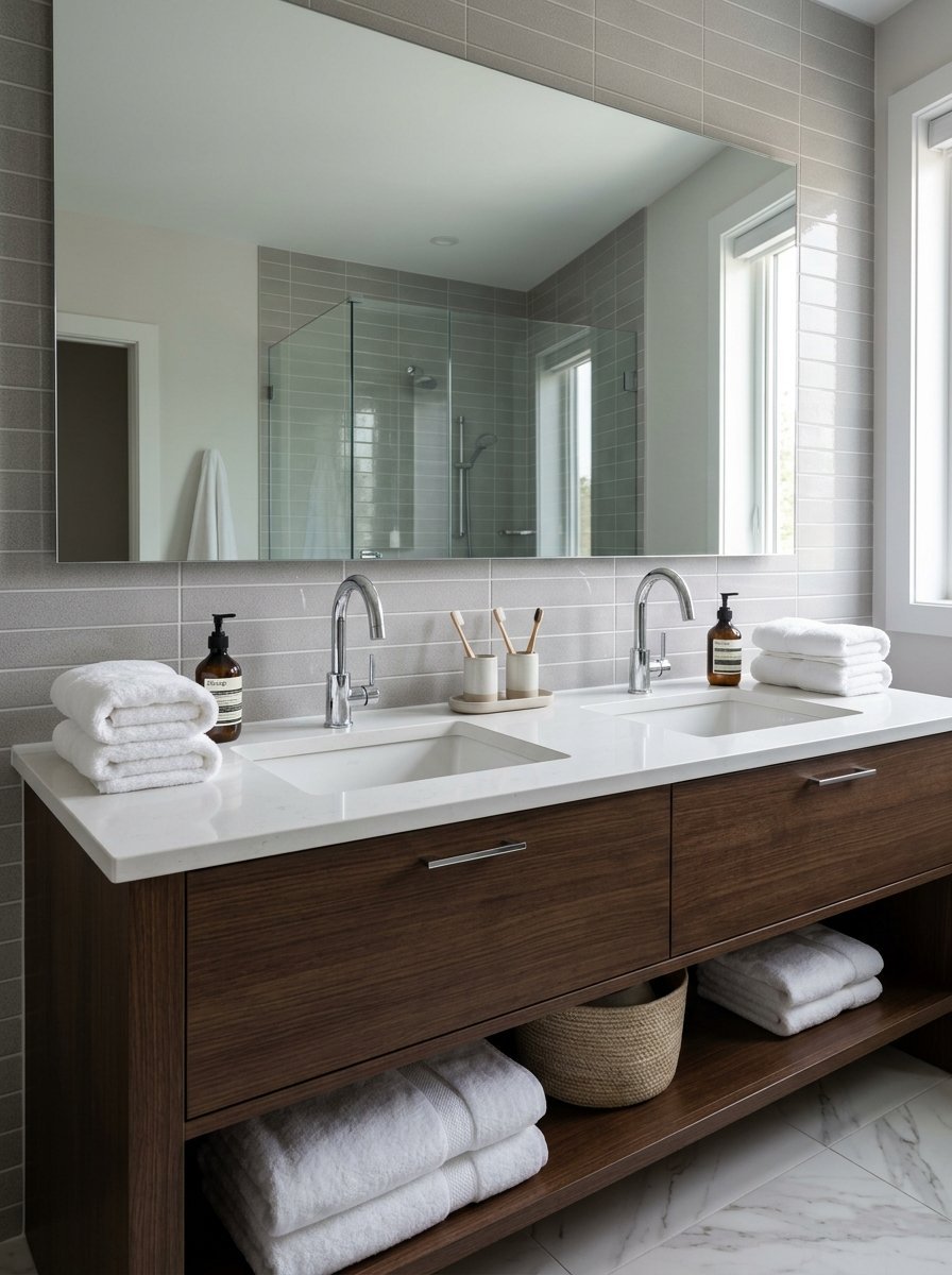 Modern bathroom with a walnut wood double vanity, white quartz countertop, and stacked white towels on open shelving.