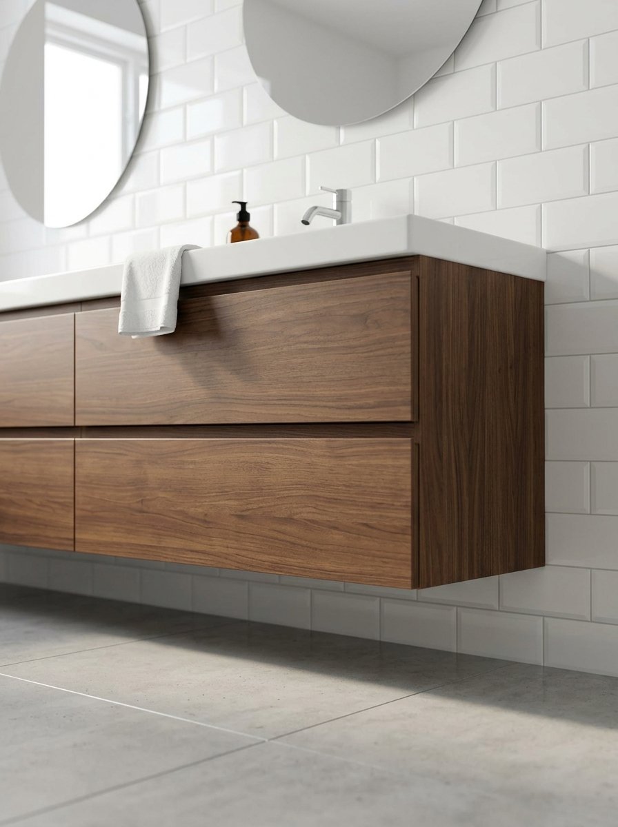 Modern walnut bathroom cabinet with a white basin and towel on a tiled wall.