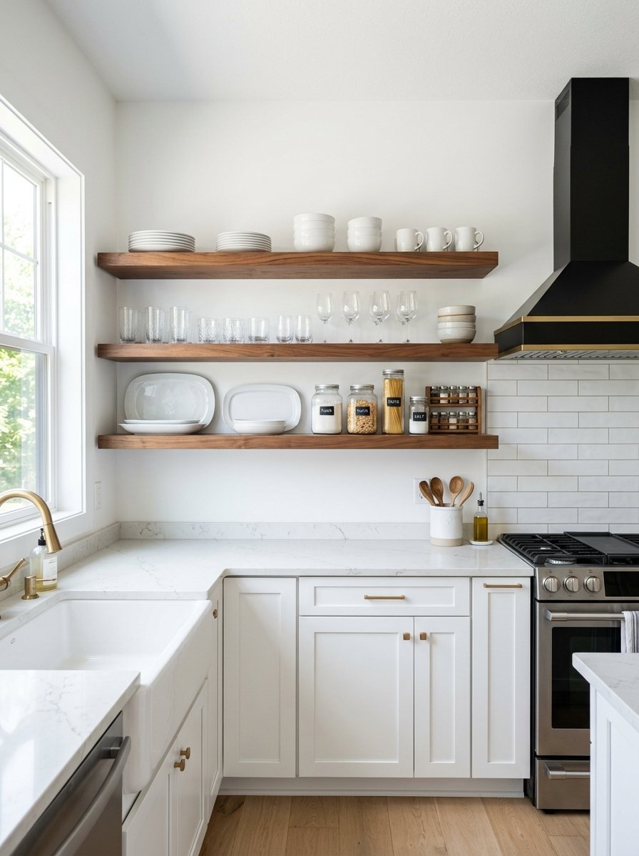 Modern farmhouse kitchen featuring wood shelves with plates, glass jars, and white cabinets.