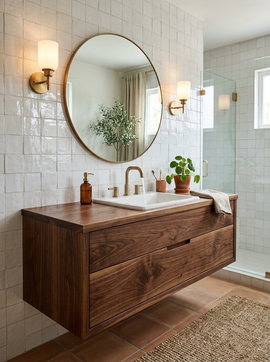 A floating walnut wood vanity with a brass faucet and round mirror set against white square bathroom tiles.