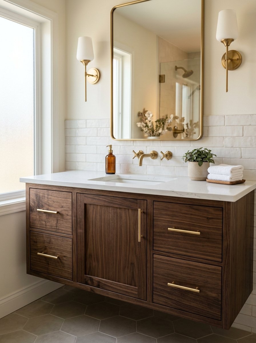 Modern bathroom vanity with walnut cabinets, white stone countertop, and brass accents in front of a white tiled wall.