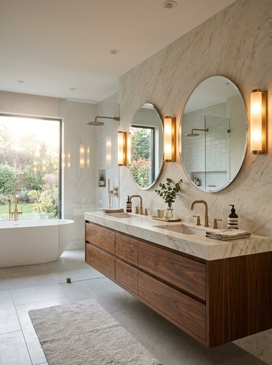 Luxury bathroom with floating wooden vanity, double circular mirrors, and a soaking tub by a large window.