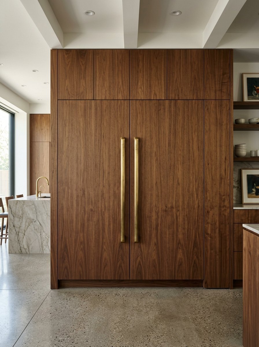 A seamless floor to ceiling walnut wood panel covering a refrigerator with two vertical brushed brass handles.