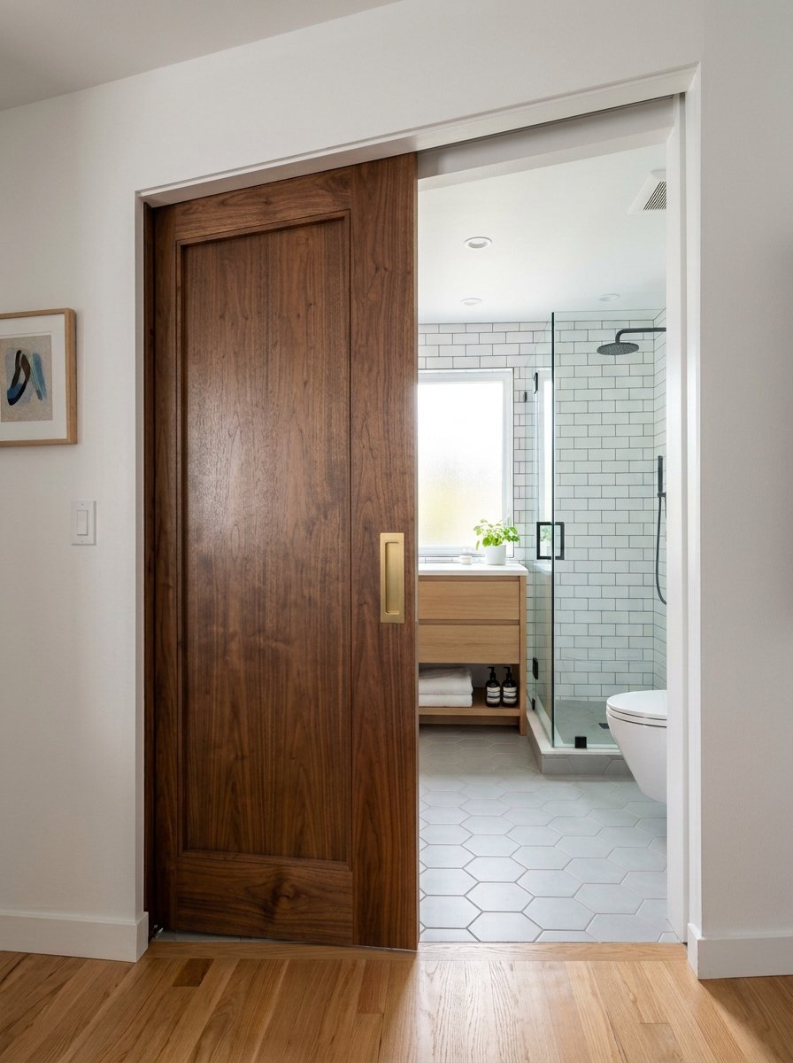 A dark wood sliding door with brass hardware leads into a bright bathroom with white subway tile and hexagonal floor.