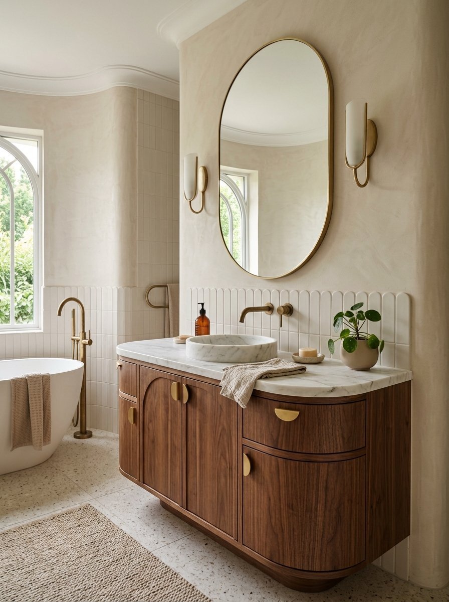 A wooden bathroom vanity with a white marble sink, brass fixtures, and a potted plant in a bright room.