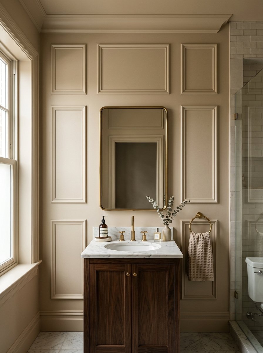 A wooden vanity with a marble countertop centered under a brass framed mirror in a paneled bathroom.