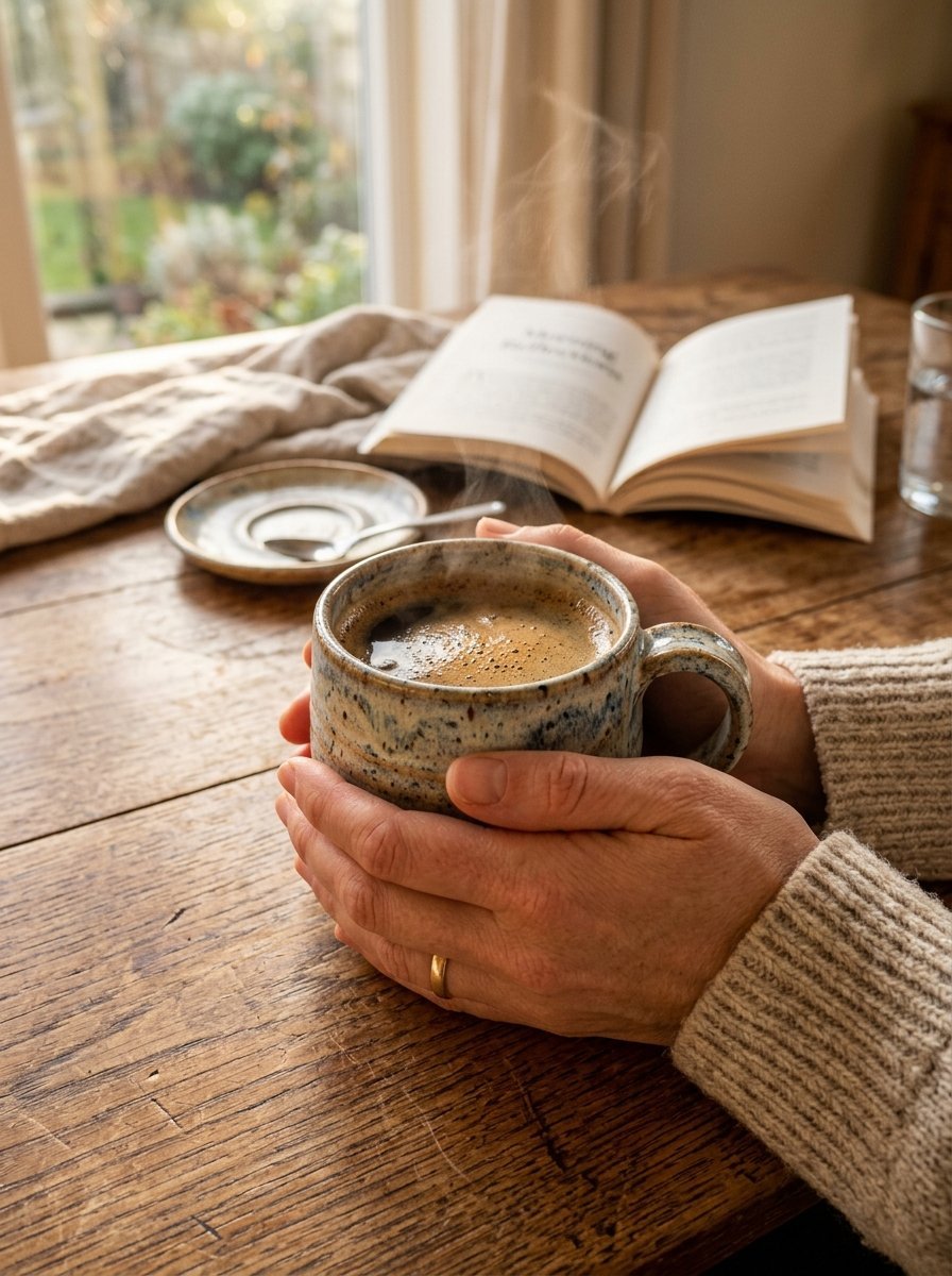 Close-up of hands in a ribbed sweater cupping a ceramic mug of steaming hot coffee on a rustic wooden table.
