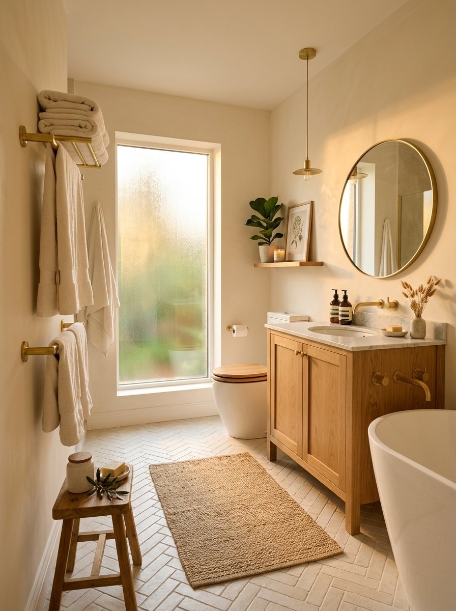 Bright bathroom featuring a round mirror, oak cabinet, herringbone floor tiles, and warm golden afternoon lighting.