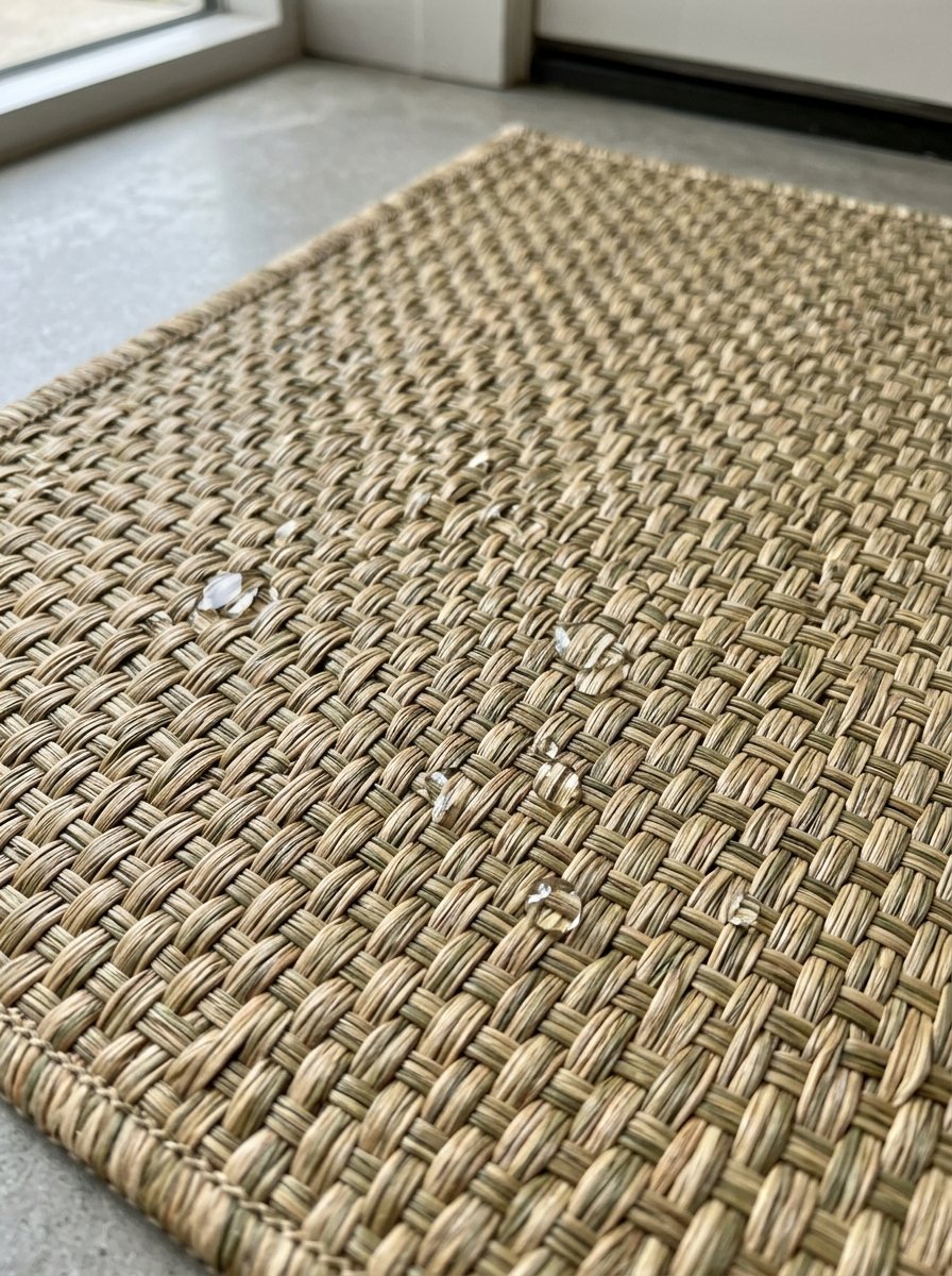 Close up of moisture beading on top of a tan woven material rug
