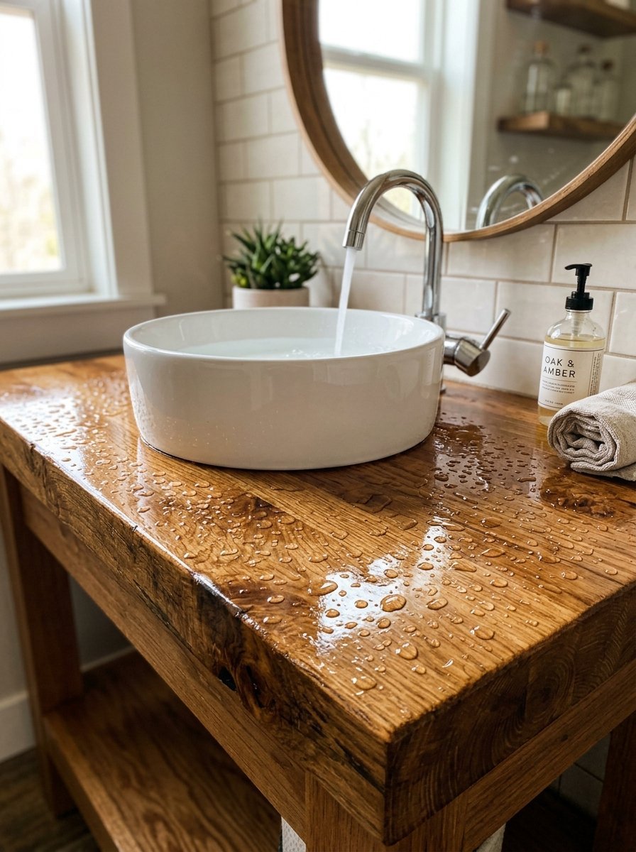Water droplets cover a polished oak bathroom counter beneath a running chrome faucet and round sink.