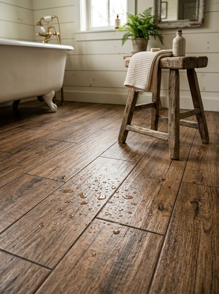 A rustic bathroom scene featuring wood-look tile flooring with small water splashes near a vintage wooden stool.