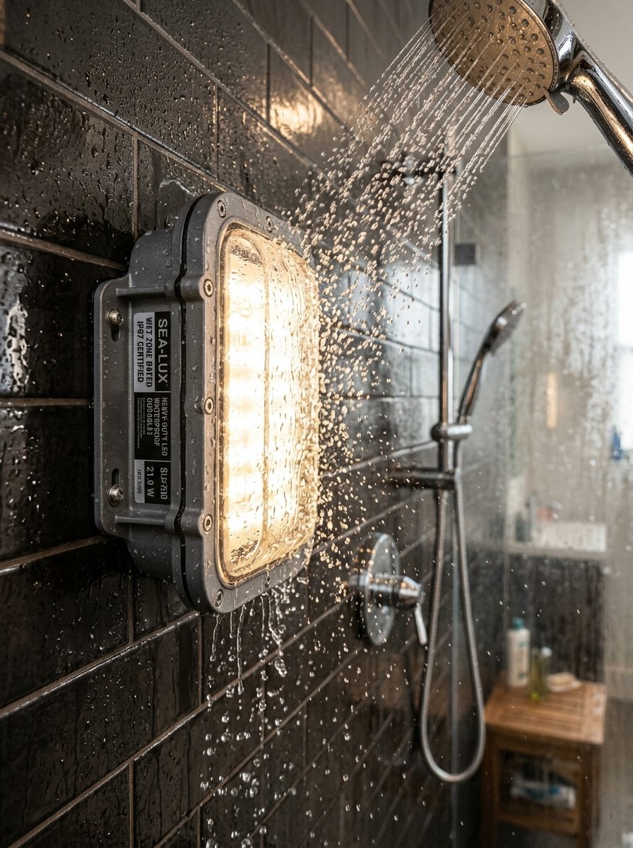 A heavy-duty Sea-Lux waterproof LED light fixture illuminated on a wet, black subway-tiled shower wall.