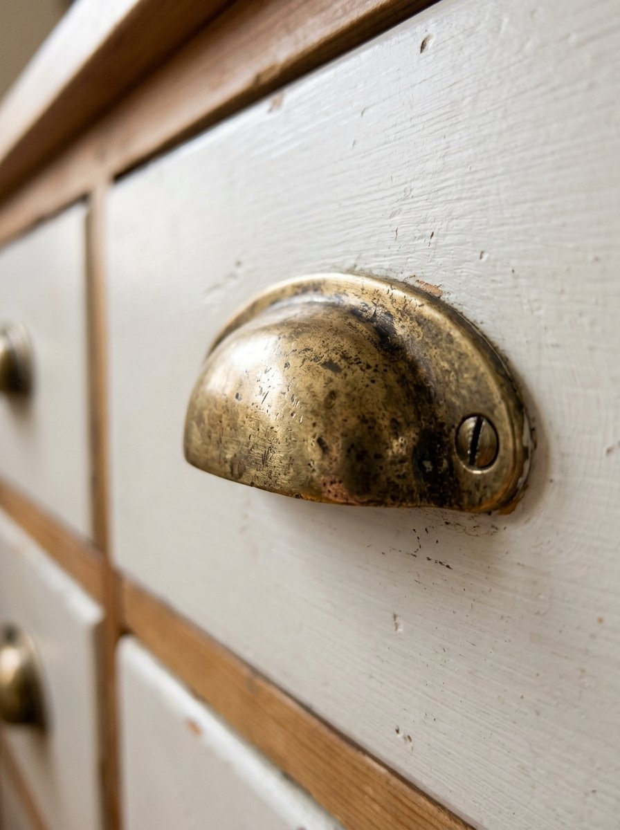 Close-up view of a tarnished, vintage half-moon brass handle attached to a white painted wooden cabinet drawer.