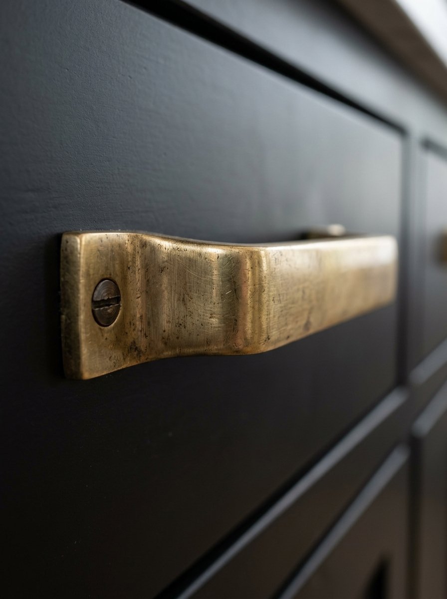 Distressed gold-toned metal hardware mounted on a matte black cabinet drawer.