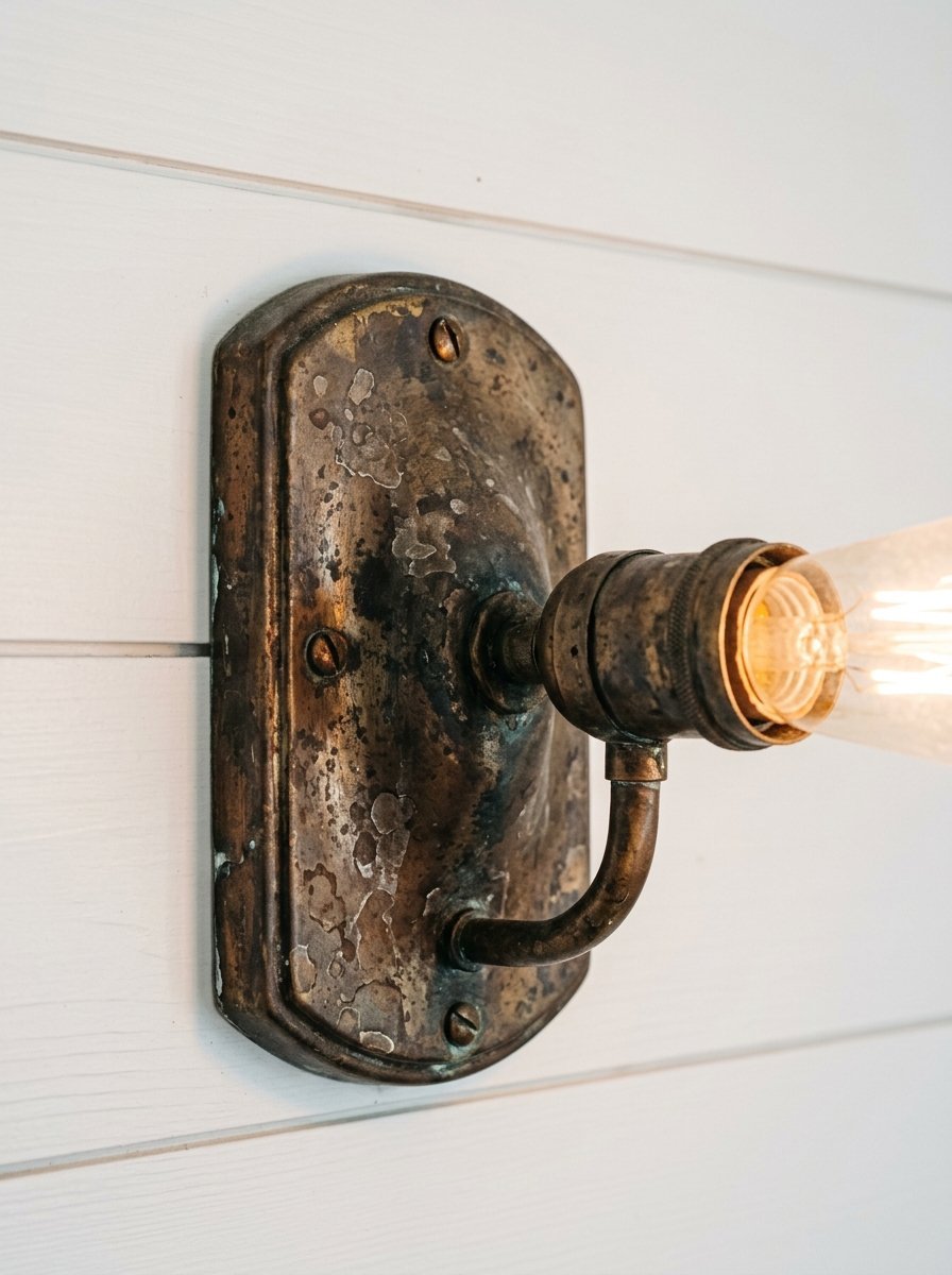 An aged, distressed brass wall sconce mounted on white shiplap paneling with a glowing Edison light bulb.