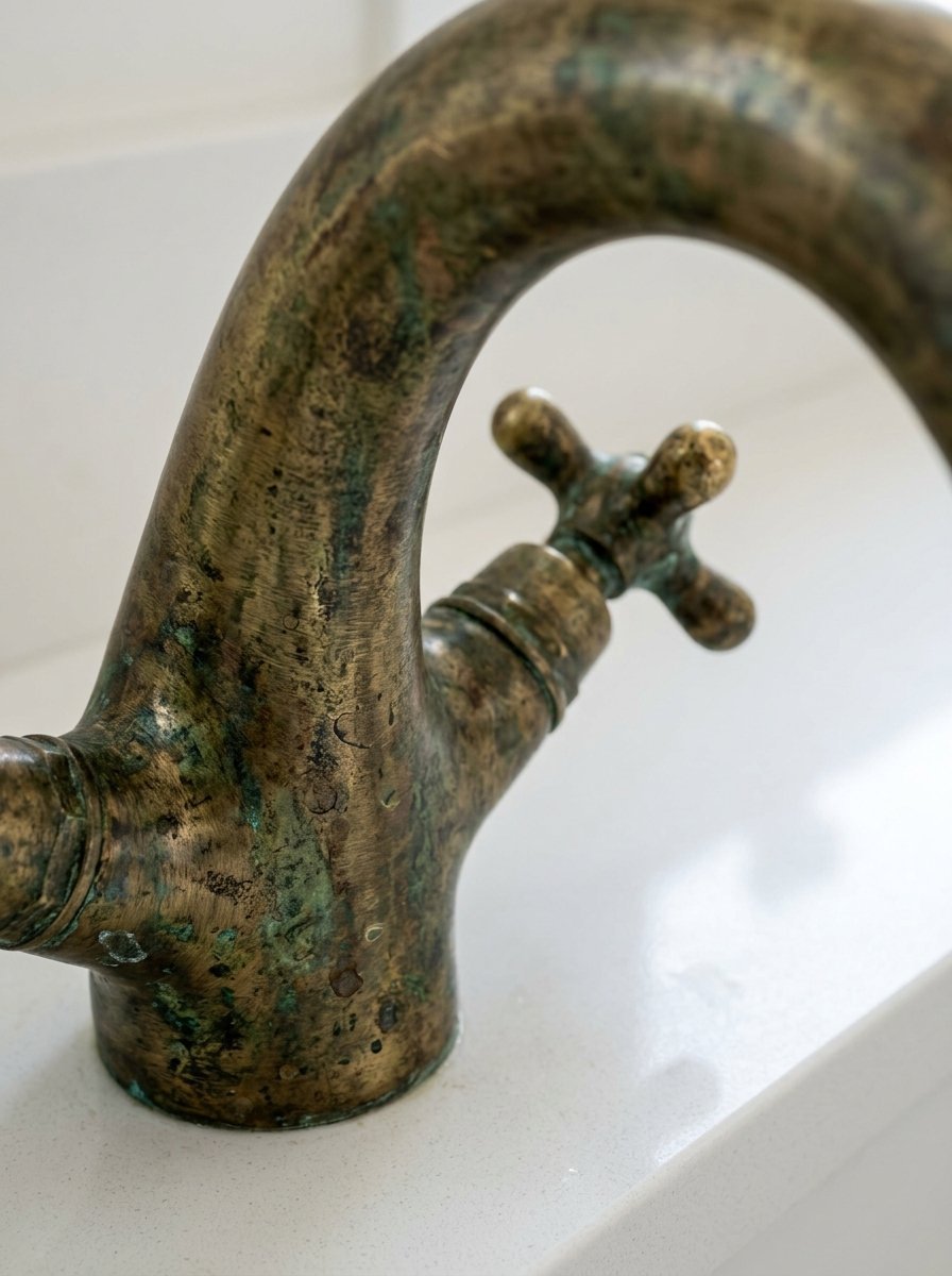 Close up of an ornate metal sink faucet with a worn, oxidized finish resting on a white countertop.