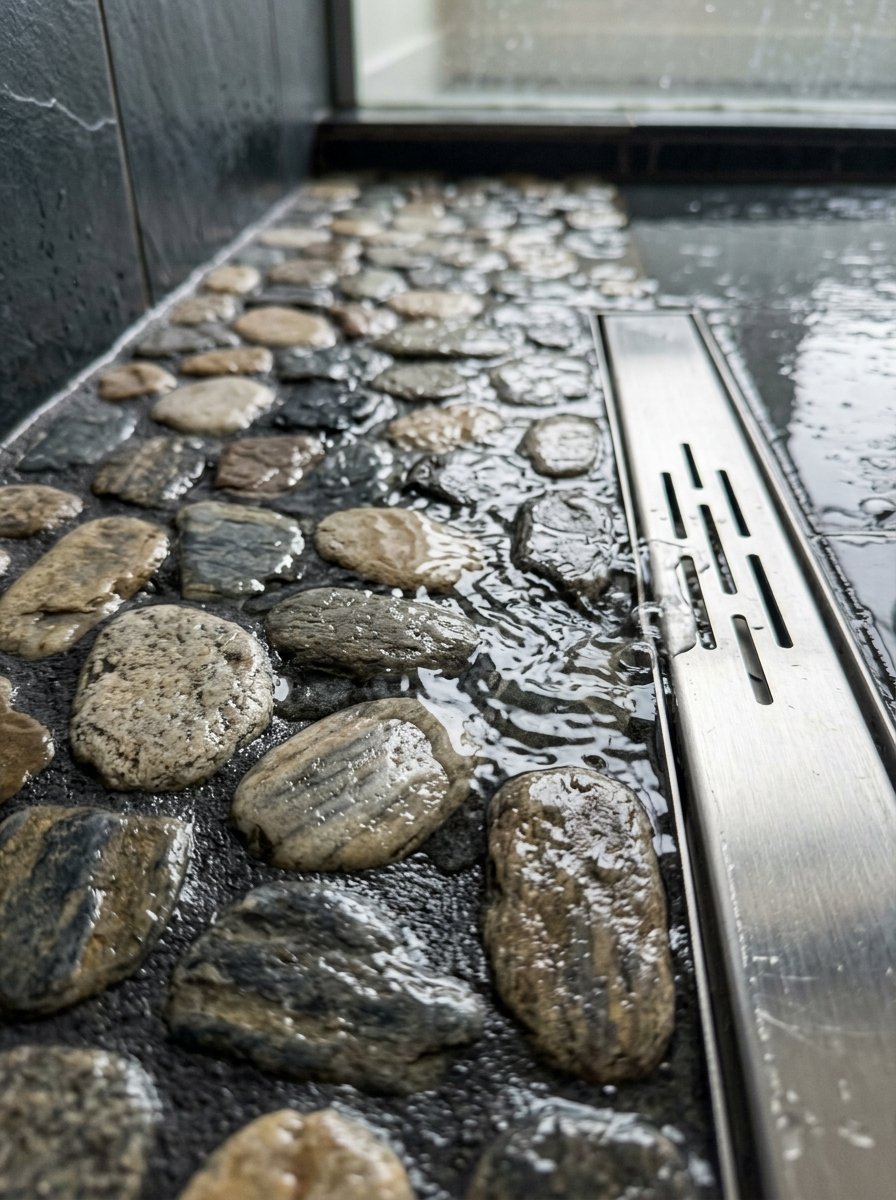 Close up of smooth stones on a shower floor with water running into a rectangular metal drain.