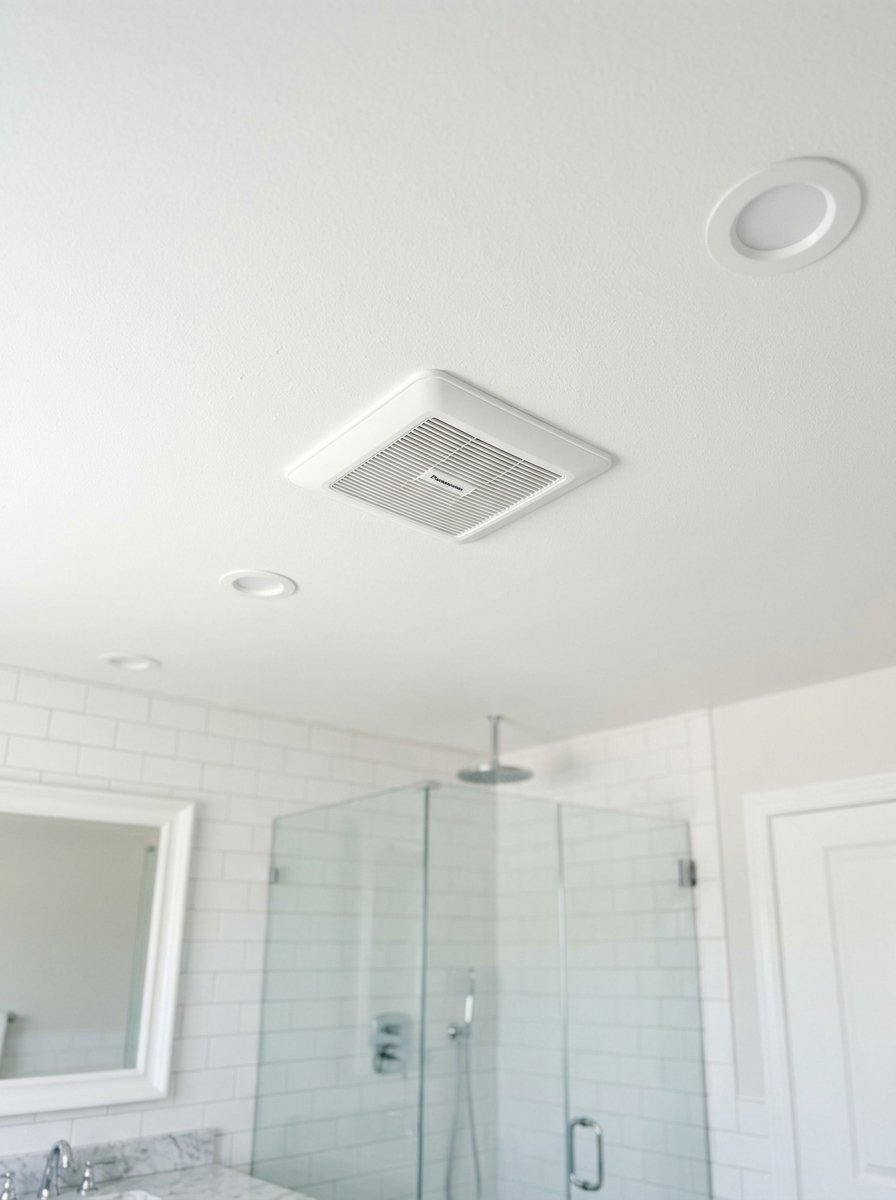 Close up of a white square bathroom ventilation fan mounted on a ceiling with recessed lighting.
